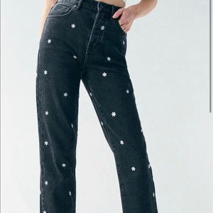 High Rise dark wash jeans with daisy design